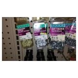 Variety of Tacks, Brads and Staples, picture hangers.