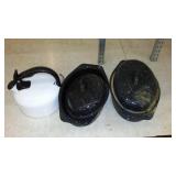 Enamel Roaster (2) and Tea Kettle.