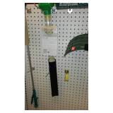 Outdoor Garden Hose hanger, spray wand, rain gauge.