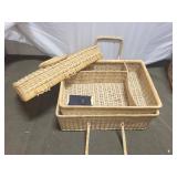 Collection of Sewing Thread Spools with Wicker Storage Basket and Sewing Stool
