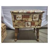 Collection of Sewing Thread Spools with Wicker Storage Basket and Sewing Stool