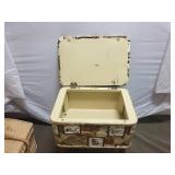 Collection of Sewing Thread Spools with Wicker Storage Basket and Sewing Stool