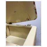 Collection of Sewing Thread Spools with Wicker Storage Basket and Sewing Stool