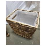 Collection of Sewing Thread Spools with Wicker Storage Basket and Sewing Stool