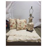 Decorative Ceramic Lamp with Floral Cushions and Crocheted Blanket Set