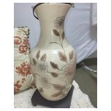 Decorative Ceramic Lamp with Floral Cushions and Crocheted Blanket Set