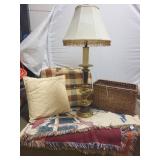 Home Decor Set with Vintage Table Lamp, Wicker Basket, Cushions, and Santa Throw Blanket