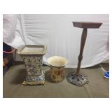 Collection of 2 Vintage Porcelain Vases and Wooden Plant Stand