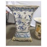 Collection of 2 Vintage Porcelain Vases and Wooden Plant Stand