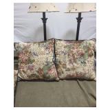 Pair of Decorative Table Lamps with Floral Shades and Set of 3 Tapestry Cushions