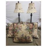 Pair of Decorative Table Lamps with Floral Shades and Set of 3 Tapestry Cushions