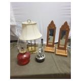 Set of Vintage Home Decor Items: Oil Lamps, Porcelain Clock, Table Lamp, and Wall Mirrors