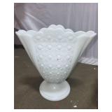White Milk Glass Vase and Ornate Wooden Book Stand