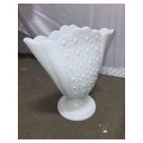 White Milk Glass Vase and Ornate Wooden Book Stand