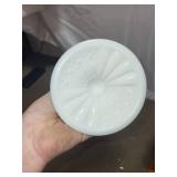 White Milk Glass Vase and Ornate Wooden Book Stand