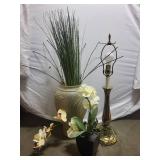 Brass Lamp, Ceramic Vase, and Artificial Orchid Set