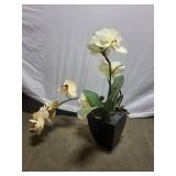 Brass Lamp, Ceramic Vase, and Artificial Orchid Set