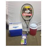 Outdoor Sports and Activities Set: Tennis Racket, Cooler, Jug, Golf Glove, Bath Oil