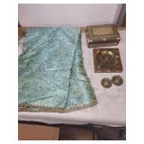 Set of Assorted Linens and Decor Items Including Embroidered Tableware and Mosque Tapestry