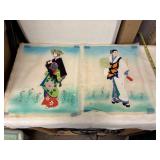Pair of Hand-Painted Japanese Silk Artwork with Floral and Character Motifs