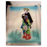 Pair of Hand-Painted Japanese Silk Artwork with Floral and Character Motifs