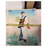 Pair of Hand-Painted Japanese Silk Artwork with Floral and Character Motifs