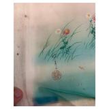 Pair of Hand-Painted Japanese Silk Artwork with Floral and Character Motifs