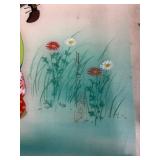 Pair of Hand-Painted Japanese Silk Artwork with Floral and Character Motifs