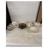 Collection of Vintage Mugs, Glass Bowl, and Porcelain Dish
