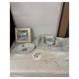 Assorted Ceramic Serving Pieces and Monogram Glass Plates