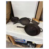 Collection of Vintage Cast Iron Cooking Skillets and Bacon Press