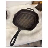 Collection of Vintage Cast Iron Cooking Skillets and Bacon Press