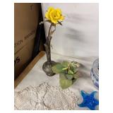 Collection of Decorative Items: Blue Glass Fish, Yellow Metal Flowers, and More
