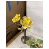 Collection of Decorative Items: Blue Glass Fish, Yellow Metal Flowers, and More