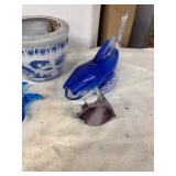 Collection of Decorative Items: Blue Glass Fish, Yellow Metal Flowers, and More