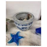 Collection of Decorative Items: Blue Glass Fish, Yellow Metal Flowers, and More