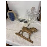 Vintage Decor Collection: Porcelain Vase, Glass Bull Ornament, Horseshoe Gun Rack & Bronze Horse Figure