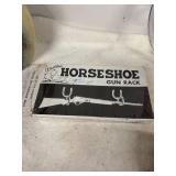 Vintage Decor Collection: Porcelain Vase, Glass Bull Ornament, Horseshoe Gun Rack & Bronze Horse Figure