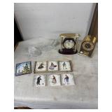 Collection of Vintage Porcelain Tiles, Glass Bottles, and Clocks