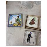 Collection of Vintage Porcelain Tiles, Glass Bottles, and Clocks