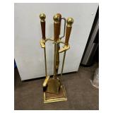 Brass and Wood Fireplace Tool Set with Stand