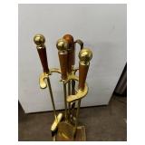 Brass and Wood Fireplace Tool Set with Stand