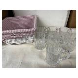 Set of 7 Clear Glass Mugs with Diamond Cut Design and Wicker Basket