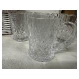 Set of 7 Clear Glass Mugs with Diamond Cut Design and Wicker Basket