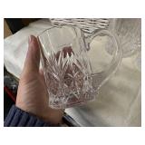 Set of 7 Clear Glass Mugs with Diamond Cut Design and Wicker Basket
