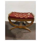 Vintage Wooden Vanity Stool with Floral Embroidered Cushion