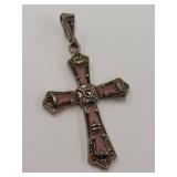 Vintage Sterling Silver Cross Pendant Pink Gemstones
