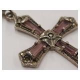 Vintage Sterling Silver Cross Pendant Pink Gemstones