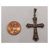 Vintage Sterling Silver Cross Pendant Pink Gemstones