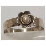 Vintage Sterling Silver Floral Pearl Accent Ring